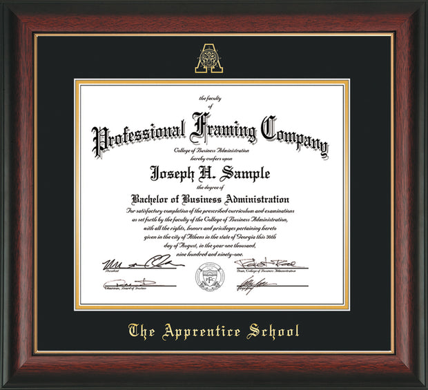 Image of The Apprentice School Diploma Frame - Rosewood with Gold Lip - w/Embossed AS Seal & Name - Black on Gold mat