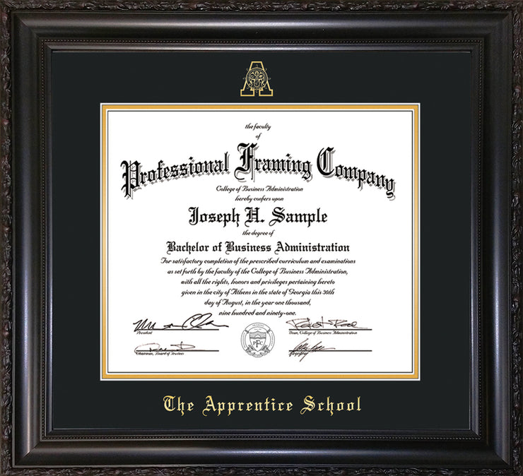 Image of The Apprentice School Diploma Frame - Vintage Black Scoop - w/Embossed AS Seal & Name - Black on Gold mat