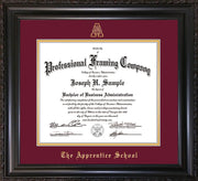 Image of The Apprentice School Diploma Frame - Vintage Black Scoop - w/Embossed AS Seal & Name - Maroon on Gold mat