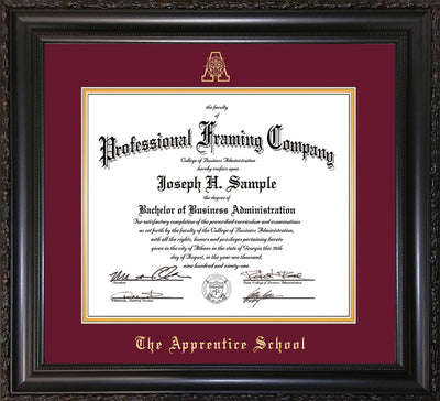 Image of The Apprentice School Diploma Frame - Vintage Black Scoop - w/Embossed AS Seal & Name - Maroon on Gold mat