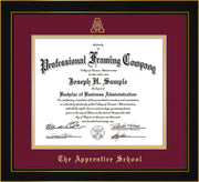 Image of The Apprentice School Diploma Frame - Honors Black Satin - w/Embossed AS Seal & Name - Maroon on Gold mat