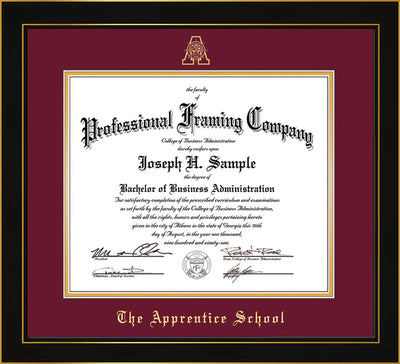 Image of The Apprentice School Diploma Frame - Honors Black Satin - w/Embossed AS Seal & Name - Maroon on Gold mat
