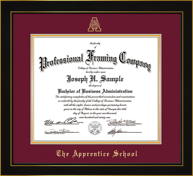 Image of The Apprentice School Diploma Frame - Honors Black Satin - w/Embossed AS Seal & Name - Maroon on Gold mat