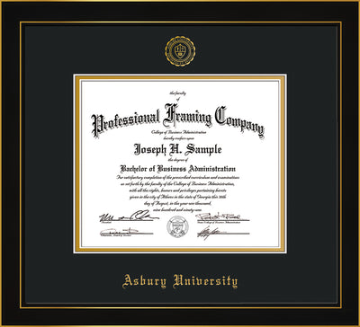 Image of Asbury University Diploma Frame - Honors Black Satin - w/Embossed Asbury Seal & Name - Black on Gold mat