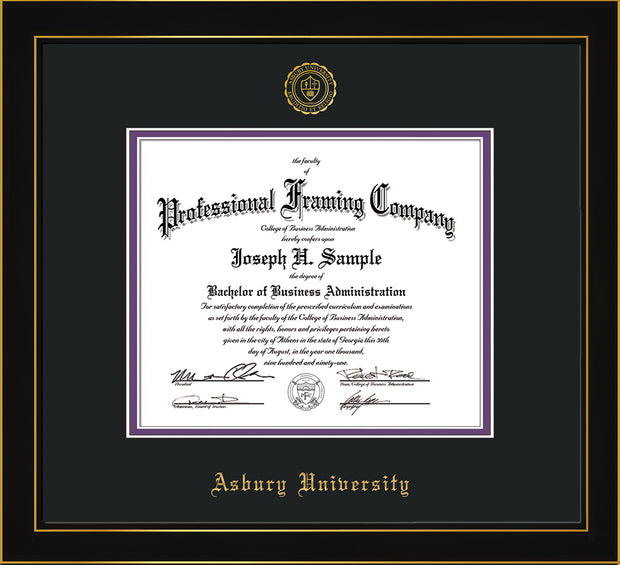 Image of Asbury University Diploma Frame - Honors Black Satin - w/Embossed Asbury Seal & Name - Black on Purple mat