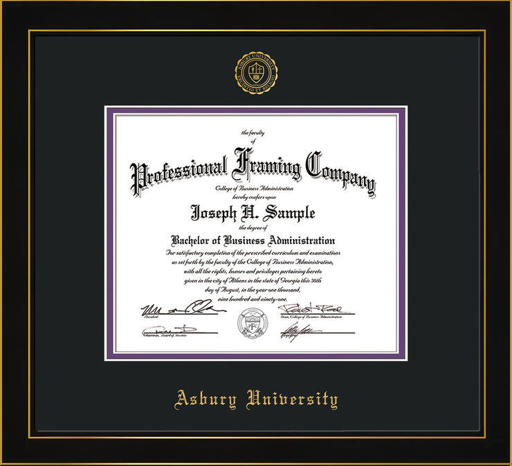 Image of Asbury University Diploma Frame - Honors Black Satin - w/Embossed Asbury Seal & Name - Black on Purple mat