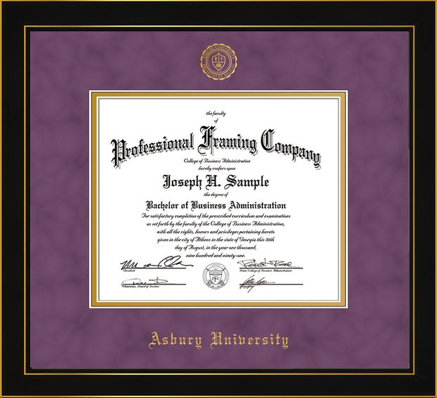Image of Asbury University Diploma Frame - Honors Black Satin - w/Embossed Asbury Seal & Name - Purple Suede on Gold mat