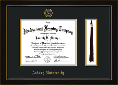 Image of Asbury University Diploma Frame - Honors Black Satin - w/Embossed Asbury Seal & Name - Tassel Holder - Black on Gold mat