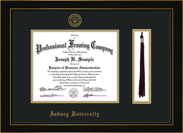 Image of Asbury University Diploma Frame - Honors Black Satin - w/Embossed Asbury Seal & Name - Tassel Holder - Black on Gold mat