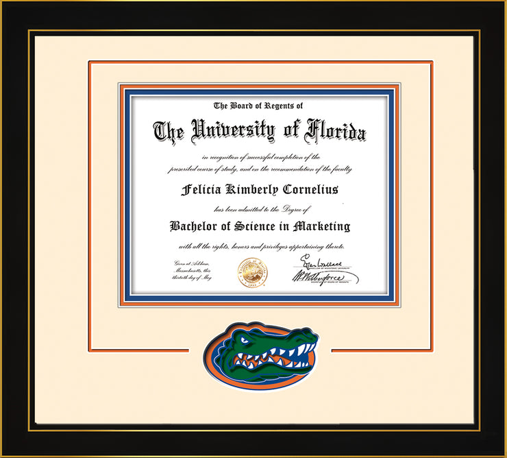 Image of Auburn University Diploma Frame - Honors Black Satin - w/Laser AU Logo Cutout - Cream on Navy on Orange mat