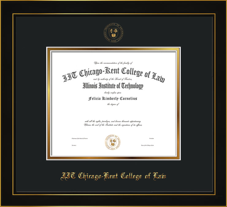 Image of Chicago-Kent College of Law Diploma Frame - Honors Black Satin - w/Embossed CKCL Seal & Name - Museum Glass - Black on Gold mat
