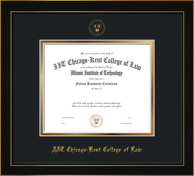 Image of Chicago-Kent College of Law Diploma Frame - Honors Black Satin - w/Embossed CKCL Seal & Name - UV Glass - Black on Gold mat