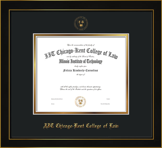 Image of Chicago-Kent College of Law Diploma Frame - Honors Black Satin - w/Embossed CKCL Seal & Name - UV Glass - Black on Gold mat