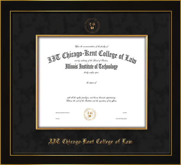 Image of Chicago-Kent College of Law Diploma Frame - Honors Black Satin - w/Embossed CKCL Seal & Name - Museum Glass - Fillet - Black Suede mat