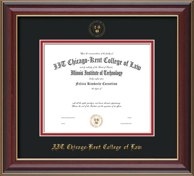 Image of Chicago-Kent College of Law Diploma Frame - Cherry Lacquer - w/Embossed CKCL Seal & Name - Black on Red mat