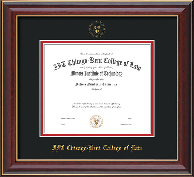 Image of Chicago-Kent College of Law Diploma Frame - Cherry Lacquer - w/Embossed CKCL Seal & Name - Black on Red mat