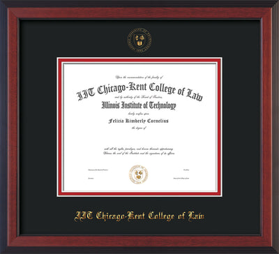 Image of Chicago-Kent College of Law Diploma Frame - Cherry Reverse - w/Embossed CKCL Seal & Name - Black on Red mat