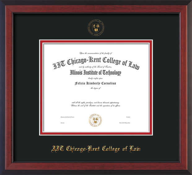 Image of Chicago-Kent College of Law Diploma Frame - Cherry Reverse - w/Embossed CKCL Seal & Name - Black on Red mat