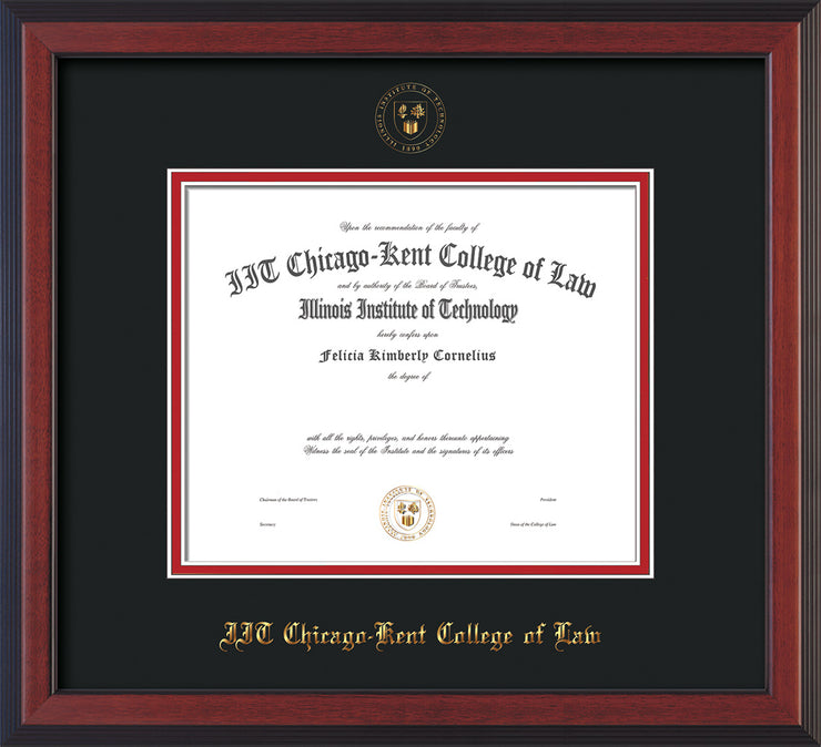 Image of Chicago-Kent College of Law Diploma Frame - Cherry Reverse - w/Embossed CKCL Seal & Name - Black on Red mat