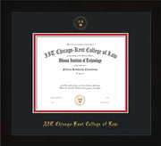 Image of Chicago-Kent College of Law Diploma Frame - Flat Matte Black - w/Embossed CKCL Seal & Name - Black on Red mat