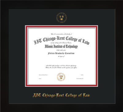 Image of Chicago-Kent College of Law Diploma Frame - Flat Matte Black - w/Embossed CKCL Seal & Name - Black on Red mat