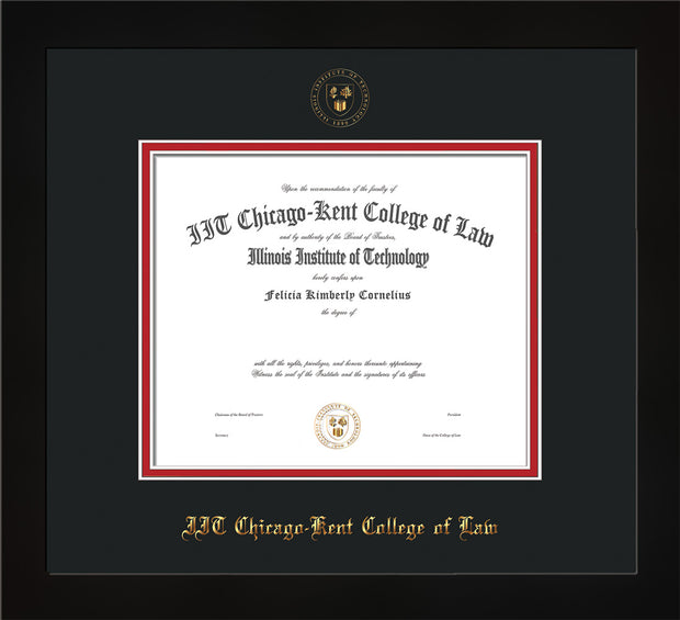 Image of Chicago-Kent College of Law Diploma Frame - Flat Matte Black - w/Embossed CKCL Seal & Name - Black on Red mat