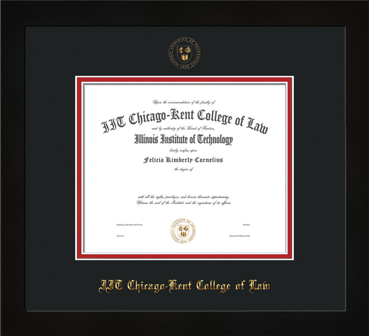 Image of Chicago-Kent College of Law Diploma Frame - Flat Matte Black - w/Embossed CKCL Seal & Name - Black on Red mat