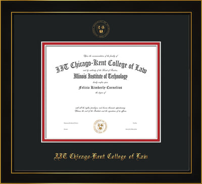 Image of Chicago-Kent College of Law Diploma Frame - Honors Black Satin - w/Embossed CKCL Seal & Name - Black on Red mat
