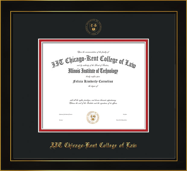 Image of Chicago-Kent College of Law Diploma Frame - Honors Black Satin - w/Embossed CKCL Seal & Name - Black on Red mat