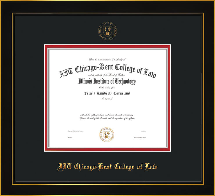 Image of Chicago-Kent College of Law Diploma Frame - Honors Black Satin - w/Embossed CKCL Seal & Name - Black on Red mat