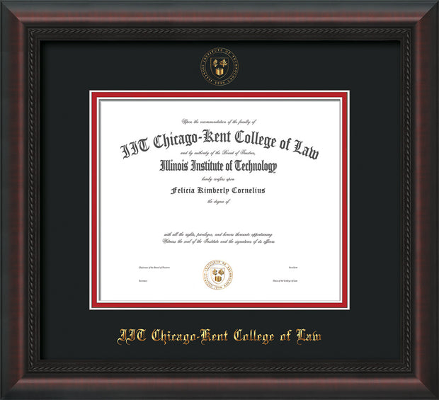 Image of Chicago-Kent College of Law Diploma Frame - Mahogany Braid - w/Embossed CKCL Seal & Name - Black on Red mat