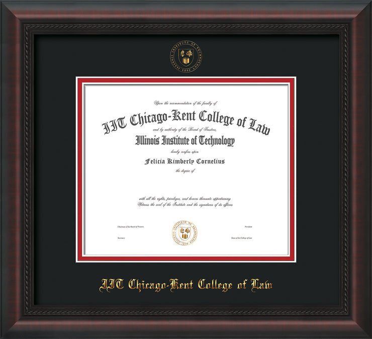 Image of Chicago-Kent College of Law Diploma Frame - Mahogany Braid - w/Embossed CKCL Seal & Name - Black on Red mat