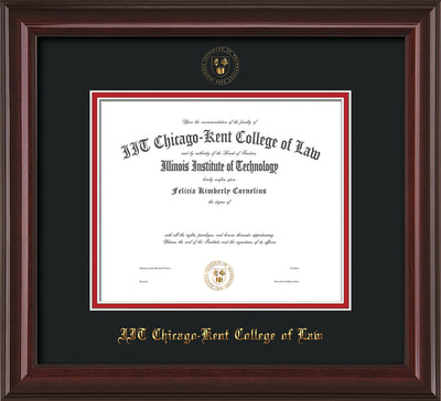 Image of Chicago-Kent College of Law Diploma Frame - Mahogany Lacquer - w/Embossed CKCL Seal & Name - Black on Red mat