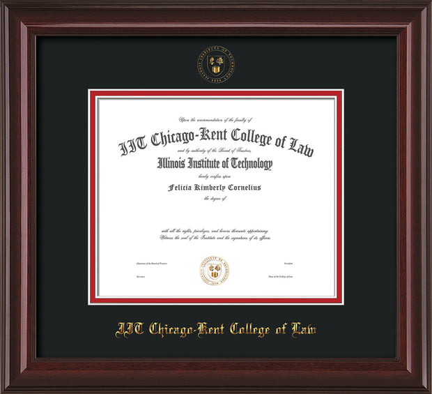 Image of Chicago-Kent College of Law Diploma Frame - Mahogany Lacquer - w/Embossed CKCL Seal & Name - Black on Red mat