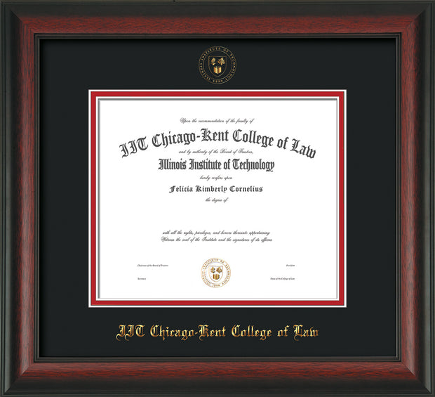 Image of Chicago-Kent College of Law Diploma Frame - Rosewood - w/Embossed CKCL Seal & Name - Black on Red mat