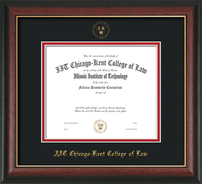 Image of Chicago-Kent College of Law Diploma Frame - Rosewood with Gold Lip - w/Embossed CKCL Seal & Name - Black on Red mat