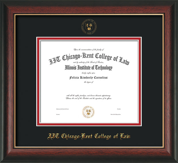 Image of Chicago-Kent College of Law Diploma Frame - Rosewood with Gold Lip - w/Embossed CKCL Seal & Name - Black on Red mat