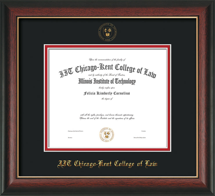 Image of Chicago-Kent College of Law Diploma Frame - Rosewood with Gold Lip - w/Embossed CKCL Seal & Name - Black on Red mat