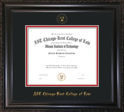 Image of Chicago-Kent College of Law Diploma Frame - Vintage Black Scoop - w/Embossed CKCL Seal & Name - Black on Red mat