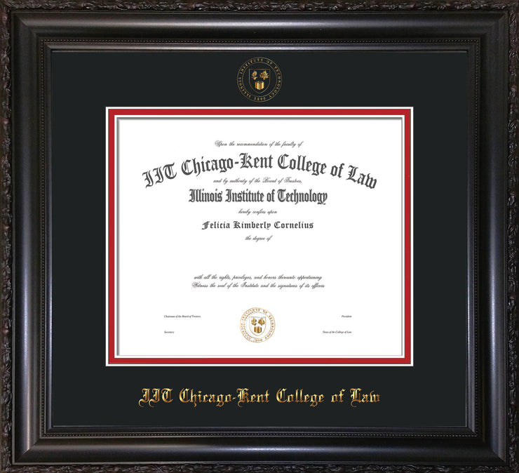 Image of Chicago-Kent College of Law Diploma Frame - Vintage Black Scoop - w/Embossed CKCL Seal & Name - Black on Red mat