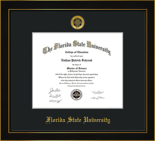Image of Florida State University Diploma Frame - Honors Black Satin - w/Embossed FSU Seal & Name - Single Black mat