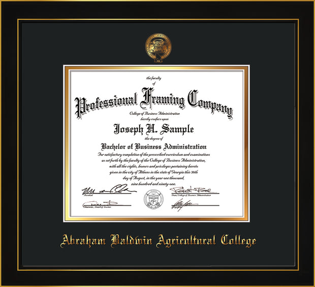 Image of Abraham Baldwin Agricultural College Diploma Frame - Honors Black Satin - w/Embossed ABAC Seal & Name - Black on Gold mat