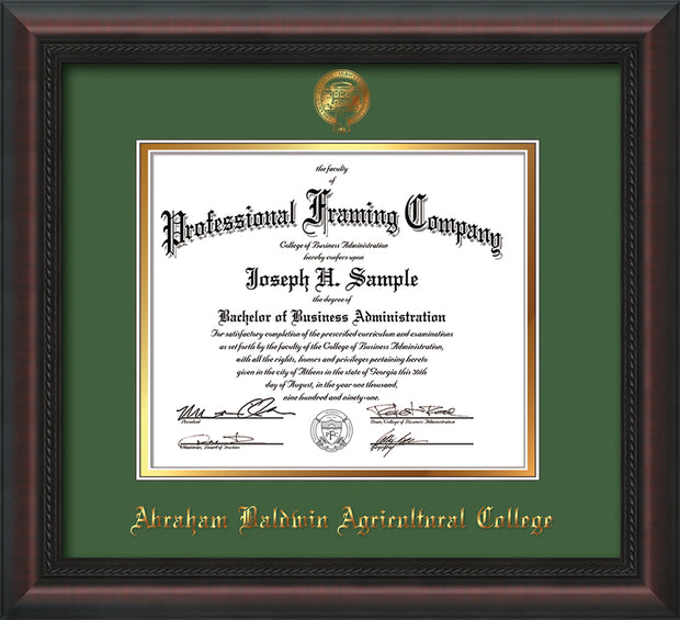 Image of Abraham Baldwin Agricultural College Diploma Frame - Mahogany Braid - w/Embossed ABAC Seal & Name - Green on Gold mat