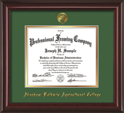 Image of Abraham Baldwin Agricultural College Diploma Frame - Mahogany Lacquer - w/Embossed ABAC Seal & Name - Green on Gold mat