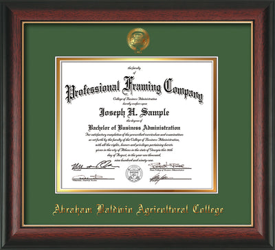 Image of Abraham Baldwin Agricultural College Diploma Frame - Rosewood w/Gold Lip - w/Embossed ABAC Seal & Name - Green on Gold mat