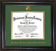 Image of Abraham Baldwin Agricultural College Diploma Frame - Vintage Black Scoop - w/Embossed ABAC Seal & Name - Green on Gold mat