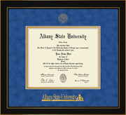 Image of Albany State University Diploma Frame - Honors Black Satin - w/Embossed Albany Seal & Name - Royal Blue Suede on Gold mat