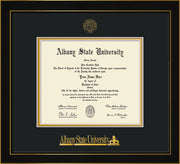 Image of Albany State University Diploma Frame - Honors Black Satin - w/Embossed Albany Seal & Name - Black on Gold mat