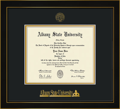 Image of Albany State University Diploma Frame - Honors Black Satin - w/Embossed Albany Seal & Name - Black on Gold mat