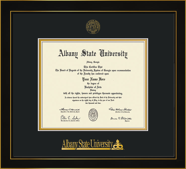 Image of Albany State University Diploma Frame - Honors Black Satin - w/Embossed Albany Seal & Name - Black on Gold mat